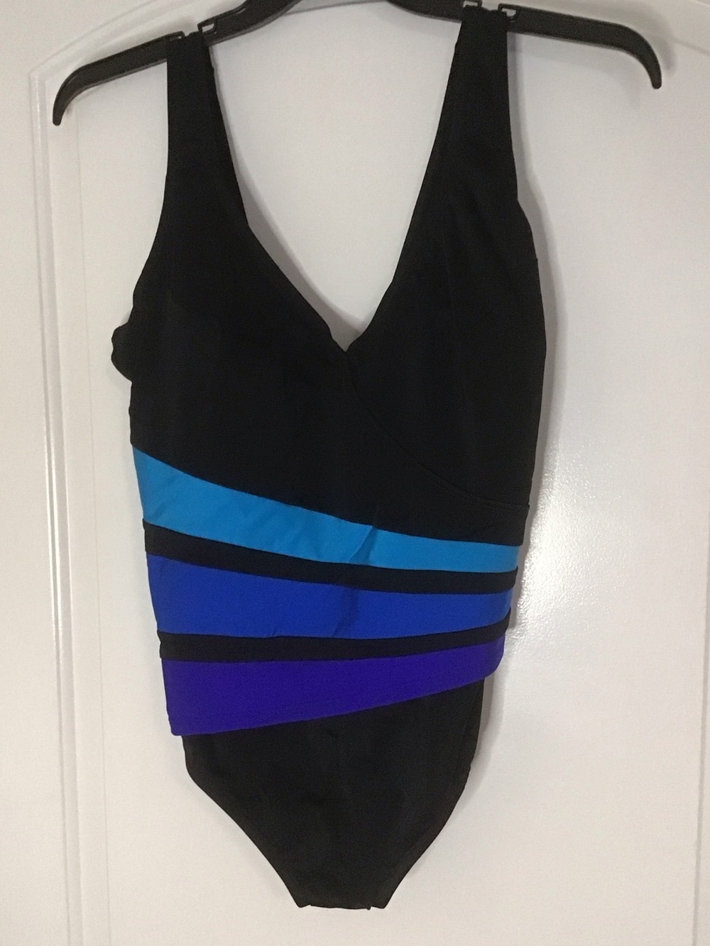 Longitude Black One-Piece Swimsuit with Blue and Purple Stripes